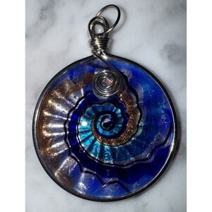Silver Tone Wrapped Blue Inlaid Lampwork Glass Round Pendant Bead